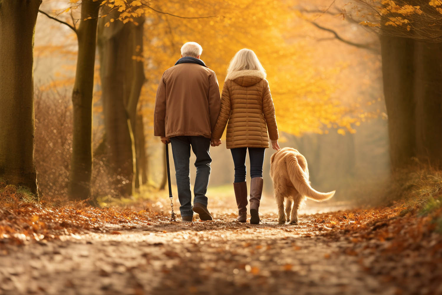couple and dog walking in fall in Peachtree Corners, GA